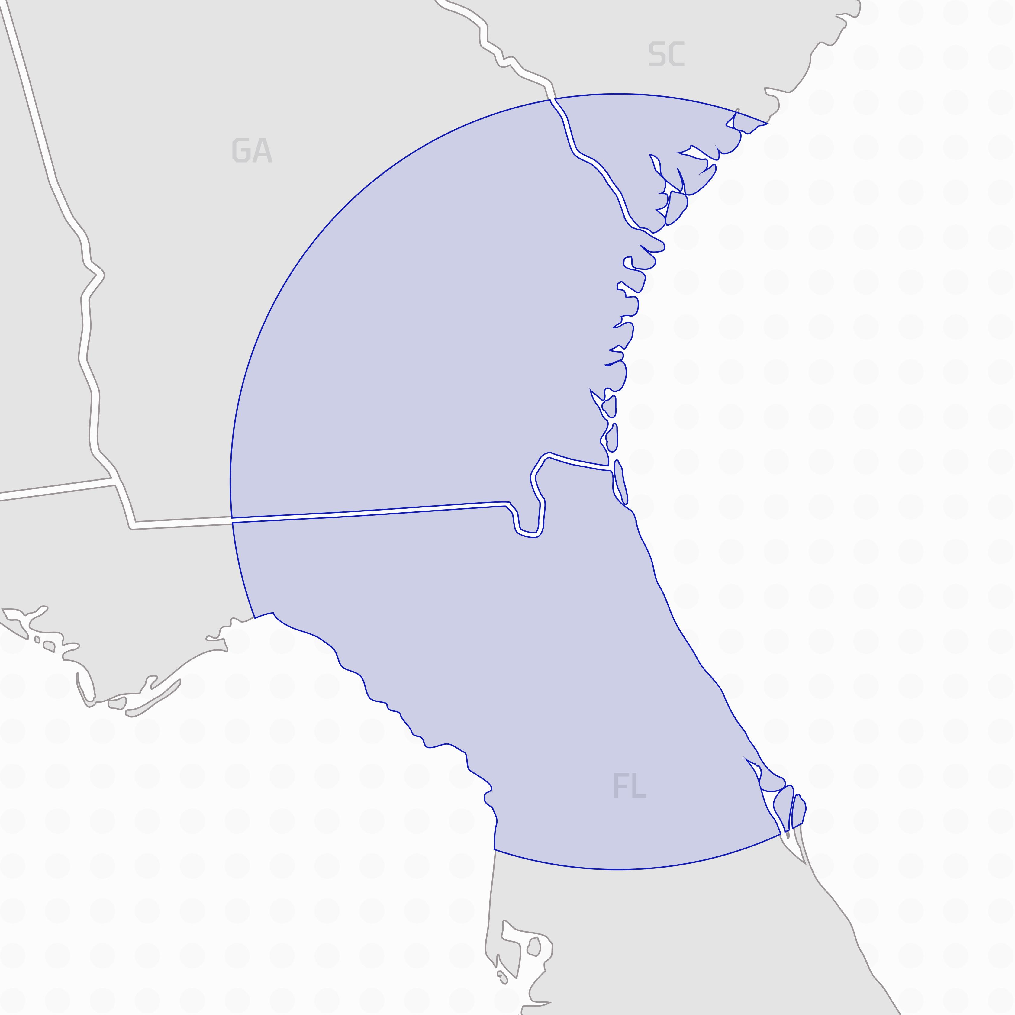A map showing a shaded semicircular area covering the coastal regions of Georgia, South Carolina, and northern Florida. State borders and coastlines are outlined.