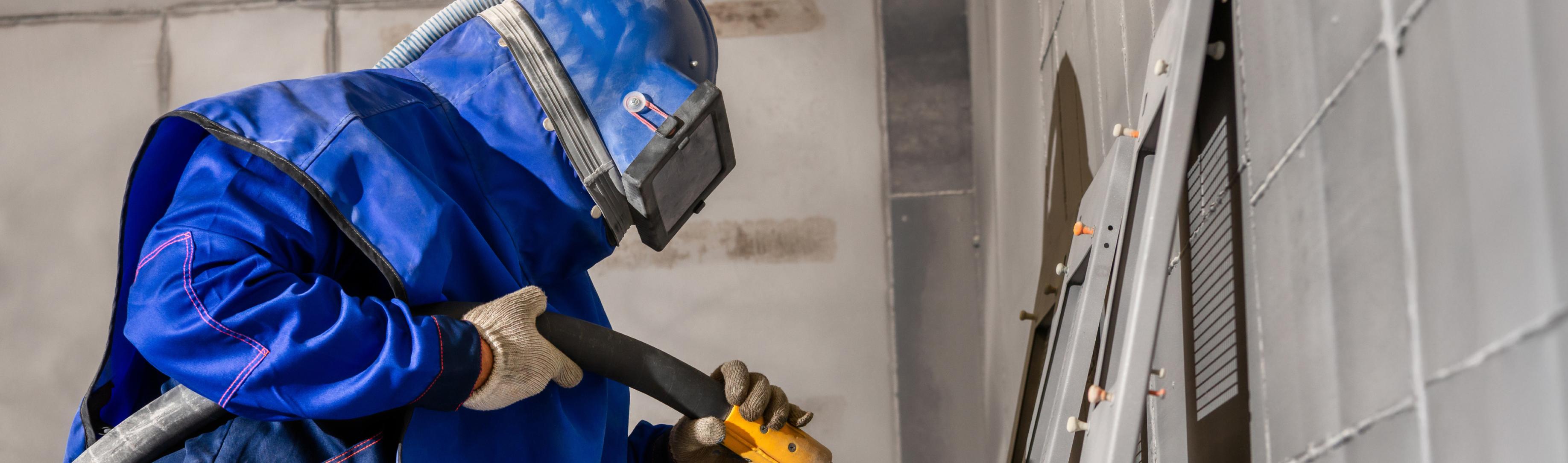 A person wearing protective gear, including a helmet and gloves, uses a sandblasting tool to clean or prepare a wall surface indoors.